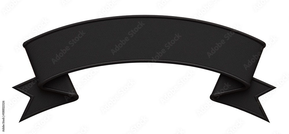 Poster black ribbon banner with textured surface is isolated on white background, featuring classic design 