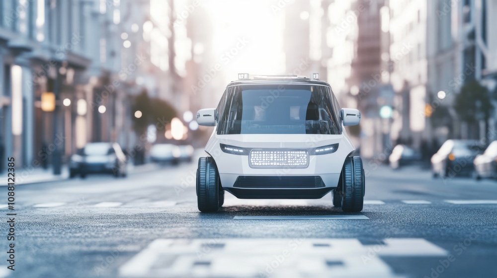 Poster a futuristic ai-driven autonomous vehicle for urban transportation, clean city streets with advanced