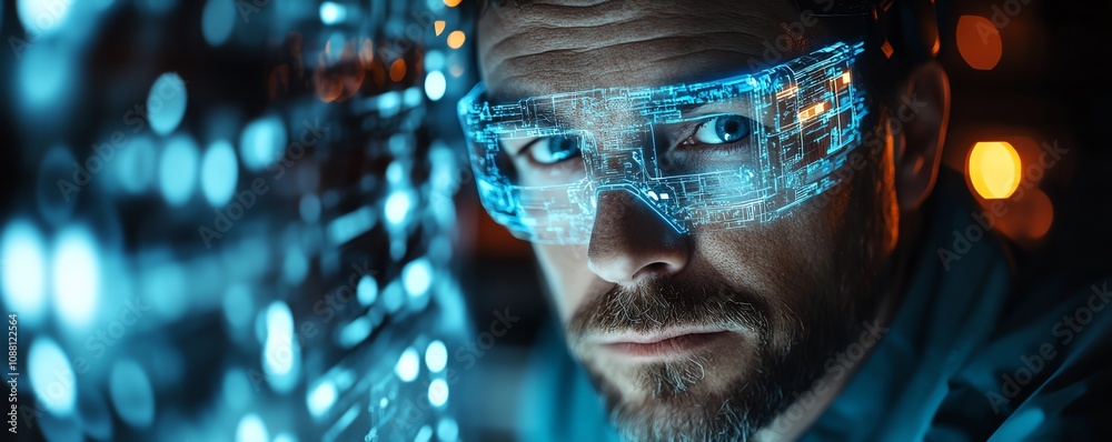 Aufkleber Closeup of a miner in a hightech underground mine, utilizing a neon blue holographic interface for realtime data and precise resource extraction