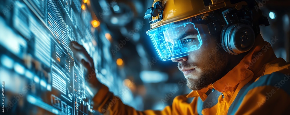 Aufkleber Closeup of a miner in a hightech underground mine, utilizing a neon blue holographic interface for realtime data and precise resource extraction
