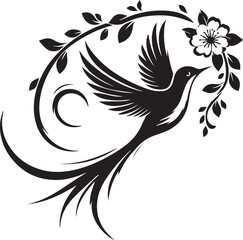 Fototapeta premium A bird with a long tail soaring toward a blooming flower branch