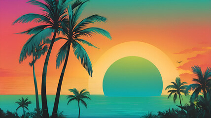 Obraz premium A vibrant gradient in bold tropical hues of lime green, teal, and sunset orange, creating an energetic and summery feel. The colors blend seamlessly, reminiscent of a tropical sunset. 
