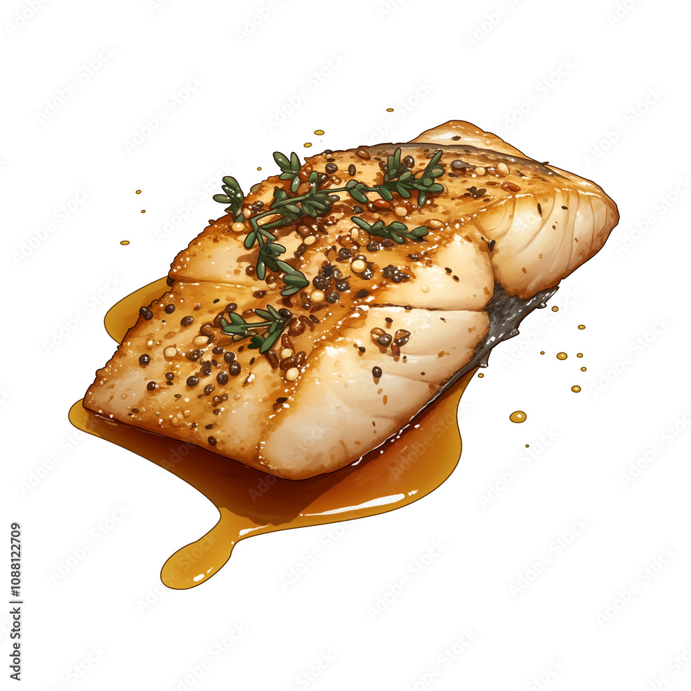Poster grilled tilapia fillet with lemon pepper seasoning and fresh herbs on white background. fish is garn