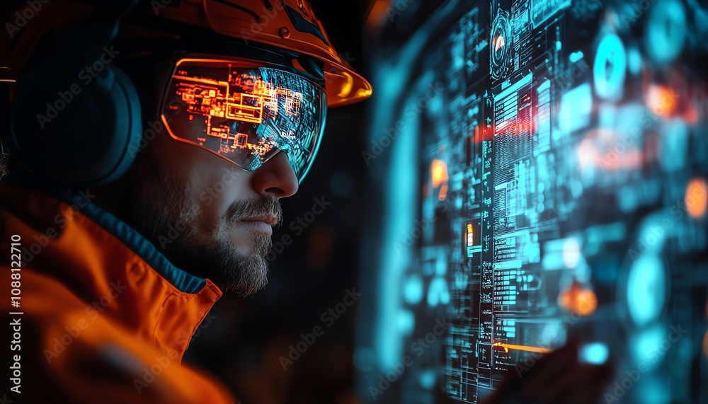 Aufkleber Closeup of a miner using a glowing neon blue holographic interface underground, accessing detailed data for efficient resource extraction in a futuristic mining scenario