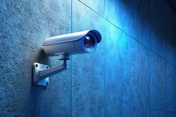 Minimalist CCTV Camera Wall Mount with Blue Light Reflection for Security and Surveillance Photography