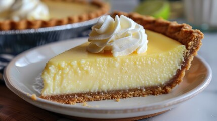 Creamy Key lime pie slice on a plate with whipped cream.