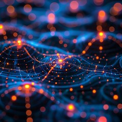 Abstract digital landscape with glowing nodes and connections.
