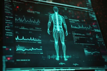 A digital interface shows a patient's medical history, DNA analysis, and various test results for health assessment. Generative AI