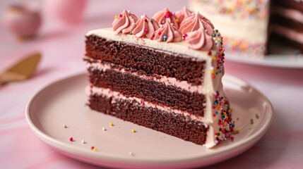 A slice of chocolate cake with pink frosting and colorful sprinkles on a pink plate.