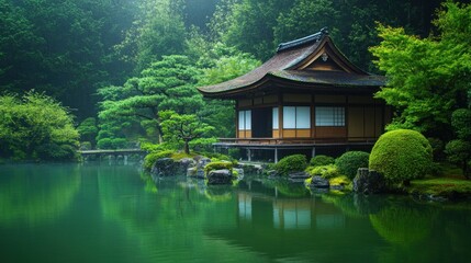 Serene Japanese Garden Pavilion: Tranquility and Reflection by a Lush Pond