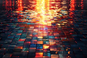 Obraz premium Abstract glowing mosaic surface with vibrant red, orange, and blue hues.