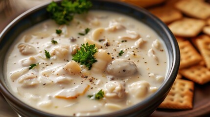 Creamy clam chowder soup in a bowl with crackers on the side.