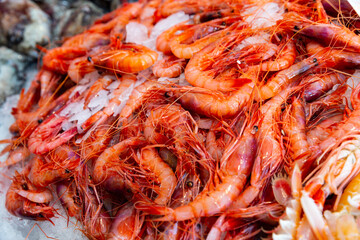 Closeup of icy market showcase with raw prawns. Fresh seafood delicacies..