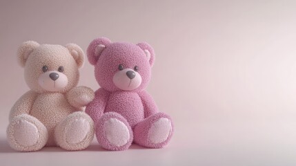 Two plush teddy bears, one pink and one beige, on a soft backdrop.