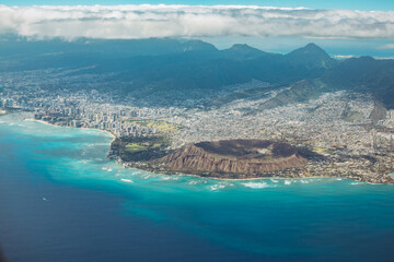 Honolulu and Diamond Head Crater Aerial View