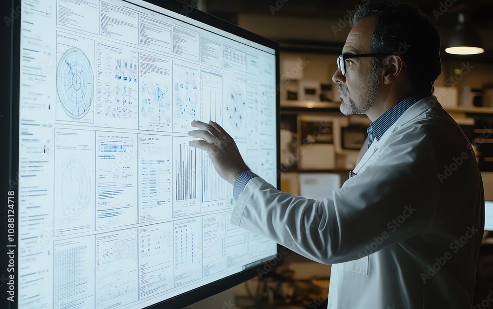 Poster american it specialist working with a large digital screen, analyzing futuristic data with intense f