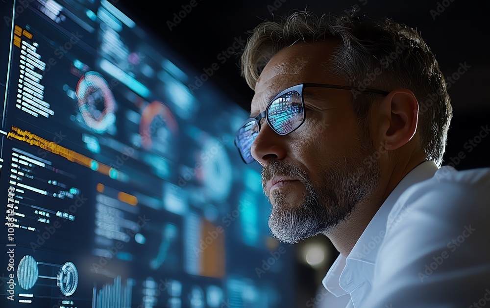 Poster american it specialist working in a contemporary office, analyzing futuristic data on a digital scre