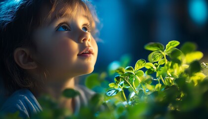 Child fascinated by glowing green plants illuminated by blue light, representing the future of environmental education, innovation, and sustainable energy solutions