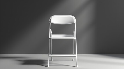 A white folding chair stands alone in a minimalist studio setting. The chair casts a long shadow on the gray floor, highlighting its simple form.
