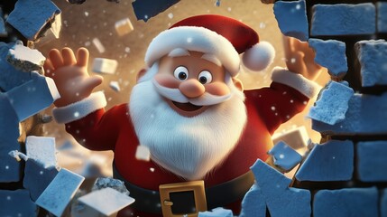 Santa Claus coming through a hole in breaking wall. Cartoon Santa, funny winter holiday scene. Christmas card, banner, poster, sticker, decal, tshirt design, wallpaper, background
