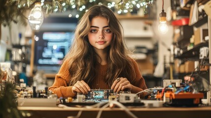 Fototapeta premium A young woman works on electronics amid a creative workspace, showcasing her concentration and craftsmanship, surrounded by tools and warm lighting.