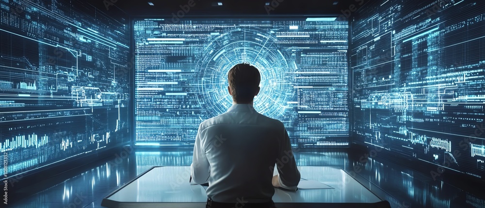 Poster Focused American IT specialist analyzing detailed data on a futuristic digital screen, immersed in the world of technology and innovation in a sleek office space
