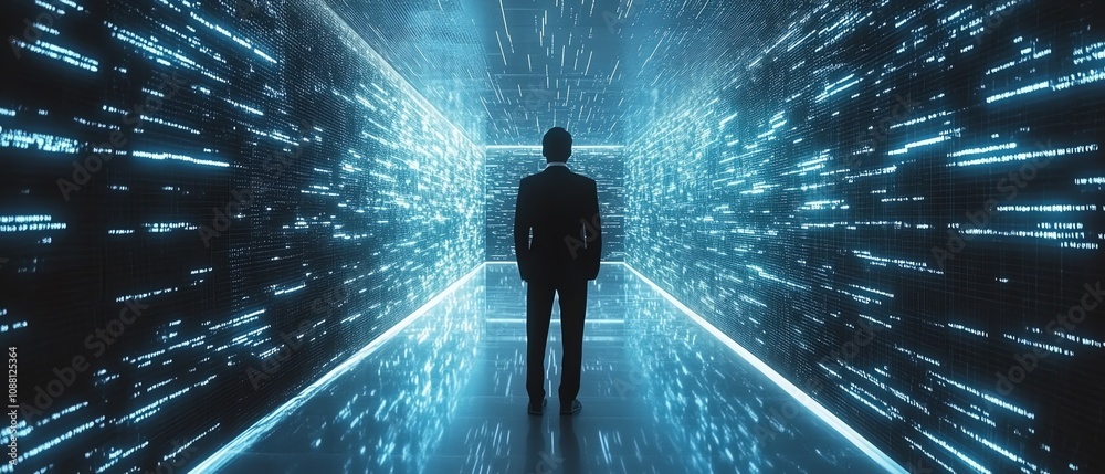 Poster focused american it specialist analyzing detailed data on a futuristic digital screen, immersed in t