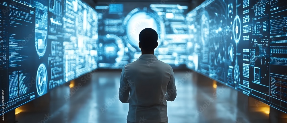 Poster focused american it specialist analyzing detailed data on a futuristic digital screen, immersed in t