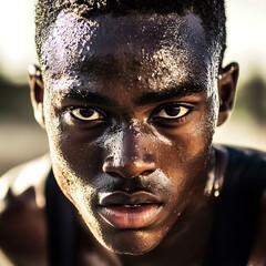 Close-up portrait of a determined, sweaty young Black male athlete.