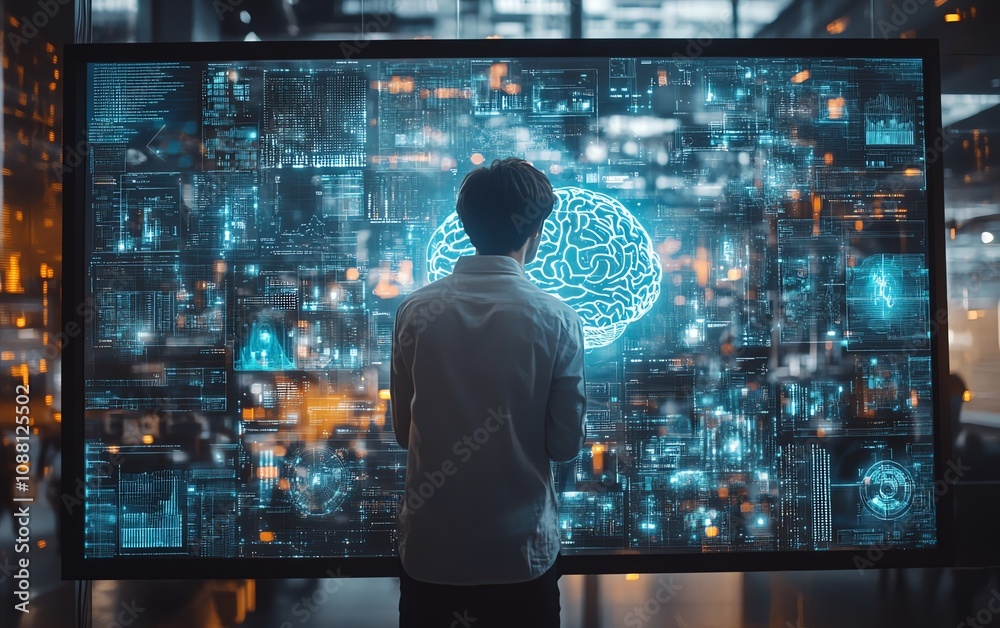 Aufkleber Futuristic man exploring a digital brain interface, showcasing the harmonious relationship between human cognition and artificial intelligence in an advanced digital world