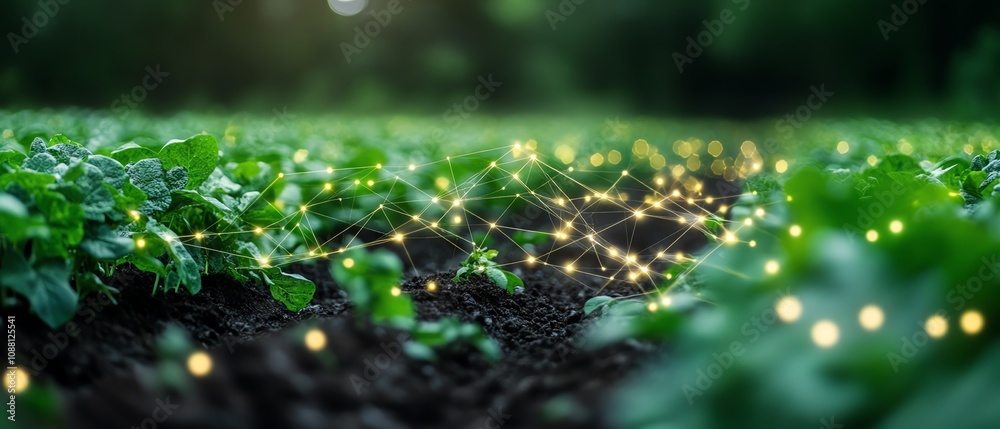 Leinwandbilder Green crops in a field with visible digital AI data lines linking them, symbolizing the power of AI in optimizing agriculture and boosting crop yields through precision farming
