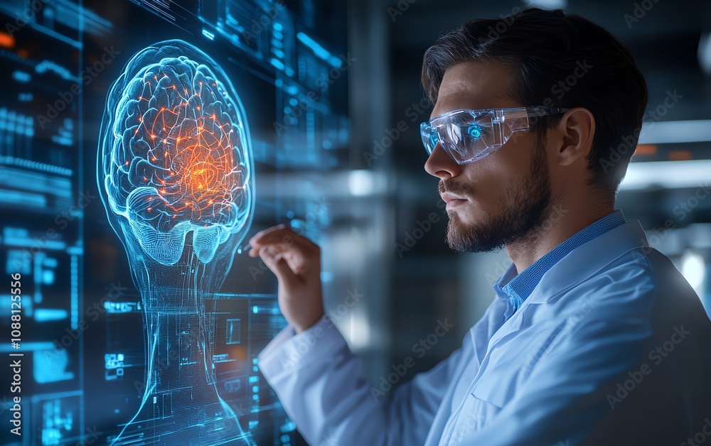 Aufkleber futuristic man exploring a digital brain interface, showcasing the harmonious relationship between h