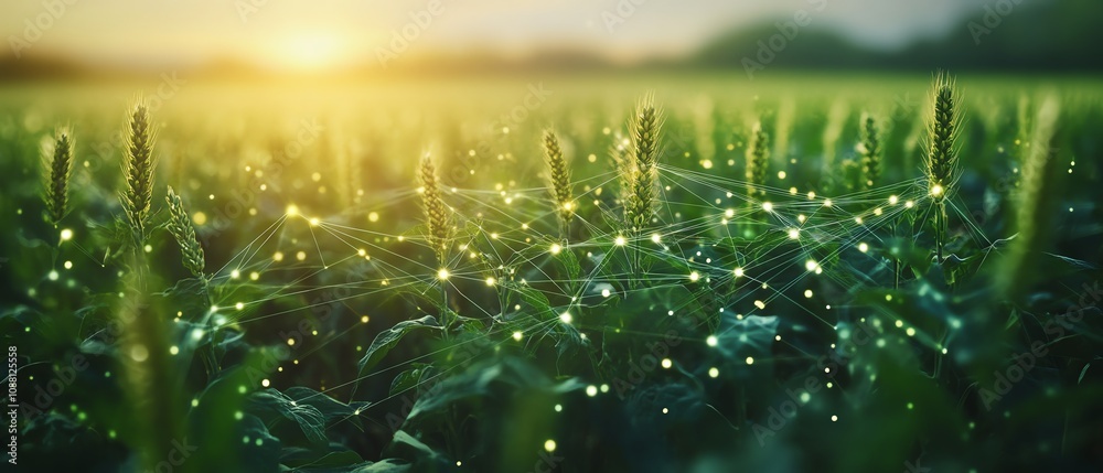 Poster Green crops in a field with visible digital AI data lines linking them, symbolizing the power of AI in optimizing agriculture and boosting crop yields through precision farming
