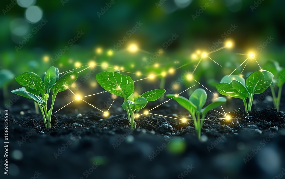 Poster Green plants in a field connected with glowing digital AI data lines, symbolizing the integration of artificial intelligence in precision agriculture and sustainable farming