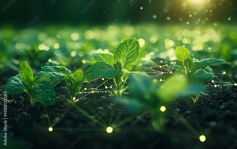 Poster Green plants in a field connected with glowing digital AI data lines, symbolizing the integration of artificial intelligence in precision agriculture and sustainable farming