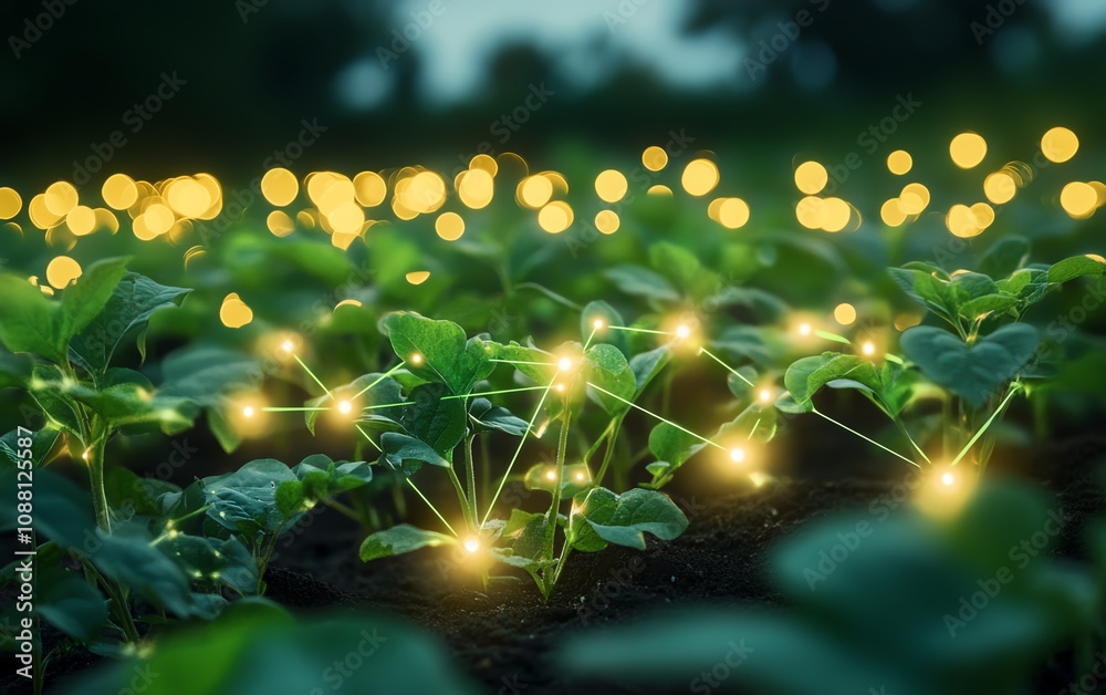 Poster Green plants in a field connected with glowing digital AI data lines, symbolizing the integration of artificial intelligence in precision agriculture and sustainable farming