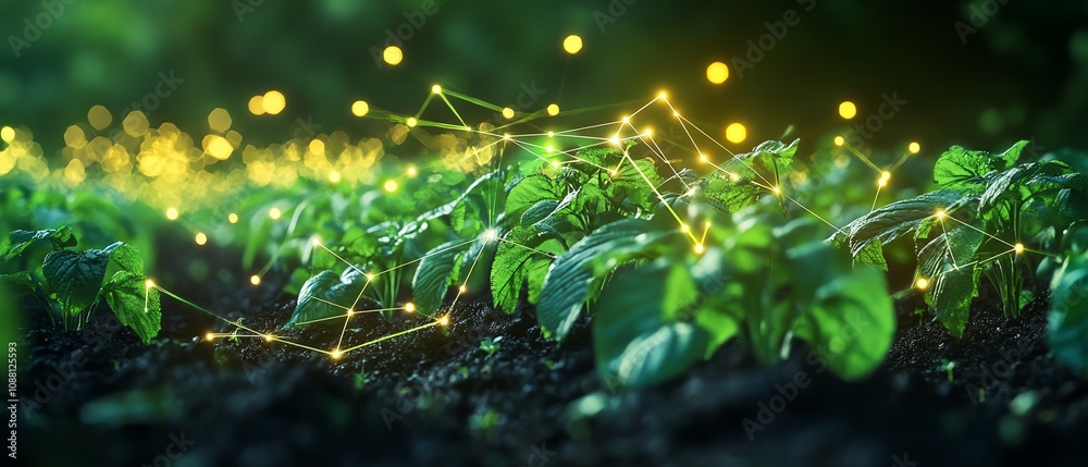 Leinwandbilder Green crops in a field with visible digital AI data lines linking them, symbolizing the power of AI in optimizing agriculture and boosting crop yields through precision farming