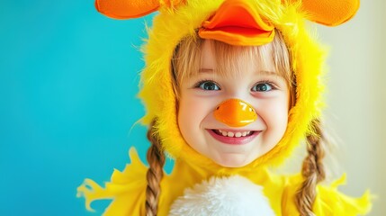 Fototapeta premium Child Dressed in Vibrant Yellow Duck Costume with Braided Pigtails and Orange Pointy Beak, Featuring White Chest, Full of Joy and Playfulness