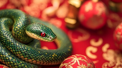 Fototapeta premium Green snake elegantly coiled against festive red and gold backdrop adorned with lanterns and traditional patterns, embodying the spirit of Chinese New Year