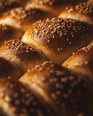 golden brown challah bread with sesame seeds in a close row, showcasing its shiny, textured crust