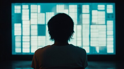 Silhouetted person engrossed in a large screen displaying data.