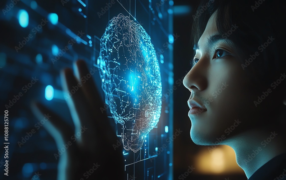 Aufkleber Man engaging with a digital brain interface, symbolizing the powerful connection between human intelligence and AI in a sleek, futuristic tech environment