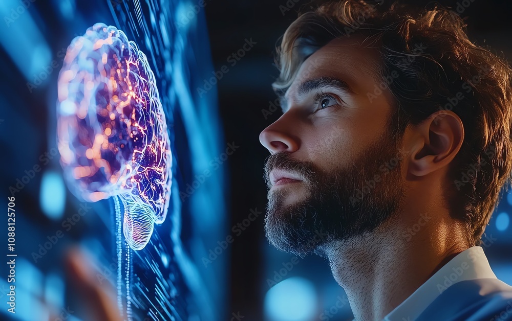 Aufkleber Man engaging with a digital brain interface, symbolizing the powerful connection between human intelligence and AI in a sleek, futuristic tech environment