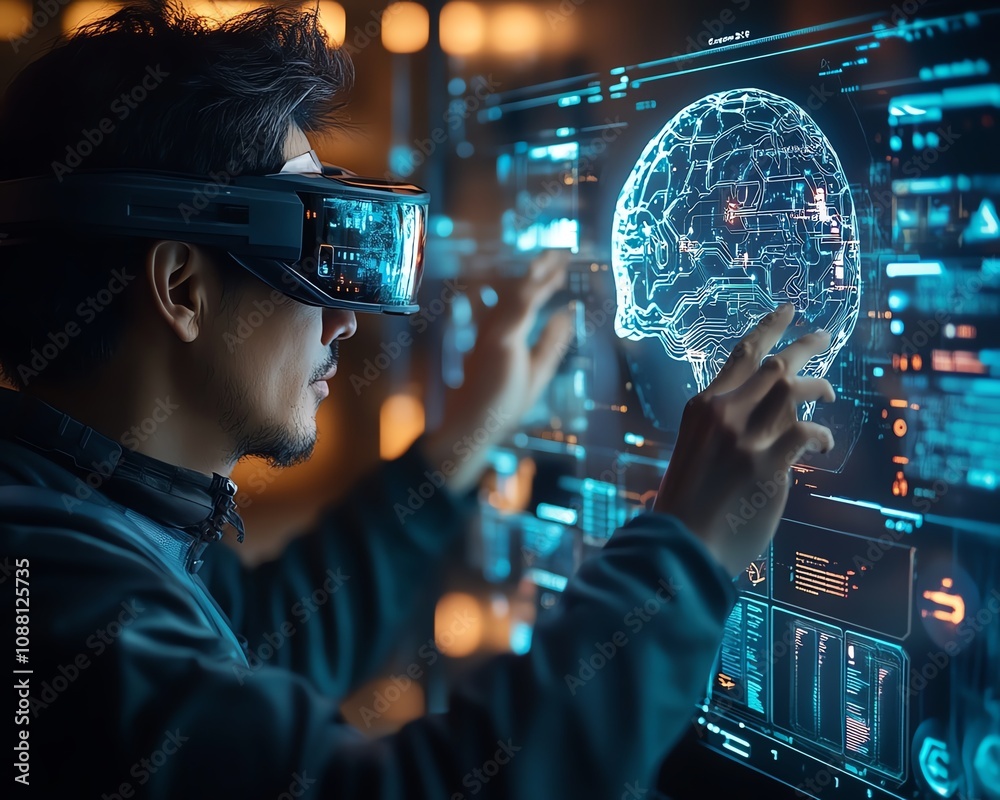 Poster Man interacting with a holographic digital brain interface, demonstrating the integration of human cognition and AI in an advanced futuristic world