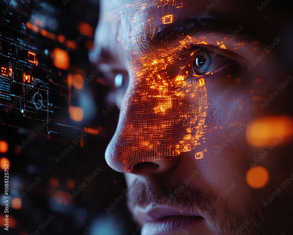 Leinwandbilder Man interacting with a holographic digital brain interface, demonstrating the integration of human cognition and AI in an advanced futuristic world