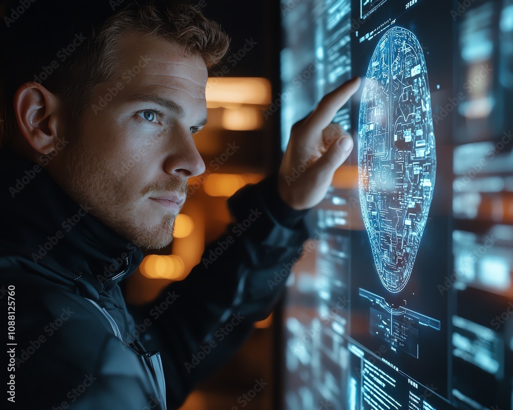 Aufkleber Man interacting with a holographic digital brain interface, demonstrating the integration of human cognition and AI in an advanced futuristic world