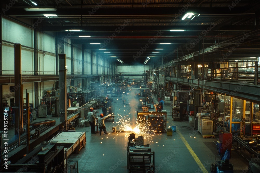 Leinwandbilder in a large workshop, workers are focused on welding tasks, creating bright sparks as they operate he