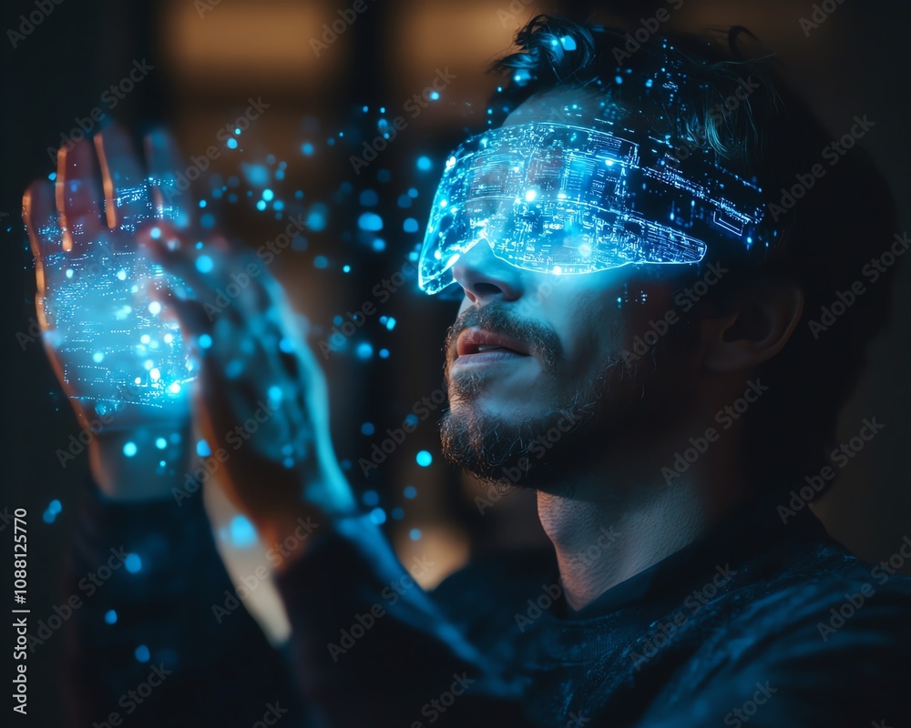 Poster Man interacting with a holographic digital brain interface, demonstrating the integration of human cognition and AI in an advanced futuristic world