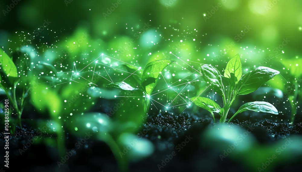 Poster Vibrant green plants in a field with digital AI data lines connecting each one, representing the future of precision agriculture and AIdriven farming techniques