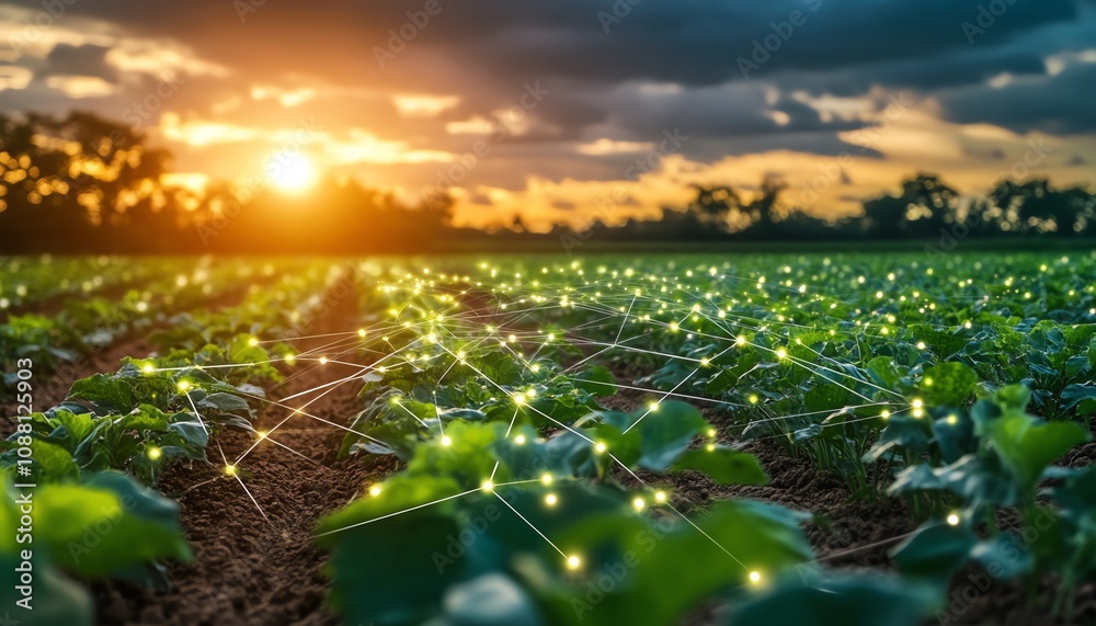 Aufkleber wide view of a field with green plants connected by digital ai data lines, highlighting the synergy 